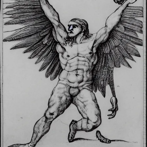 Image similar to human - eagle creature with one big beak, drawn by da vinci