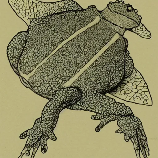 Image similar to botanical technical drawing of a toad samurai :: Cottage core :: fine detailed :: line art :: lithography :: ink detail and color