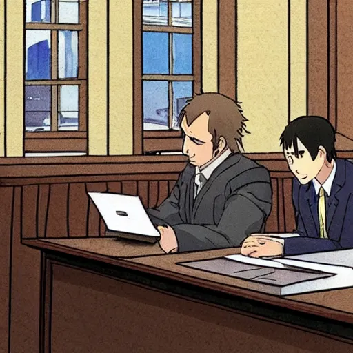 Image similar to Saul Goodman in a courtroom, anime, movie, by studio ghibli