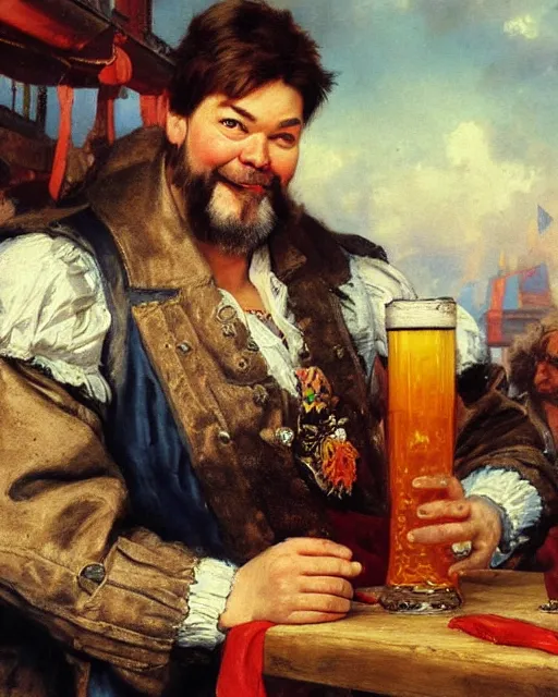 Image similar to a painting of jonathan frakes holding a mug of beer at the oktoberfest, a detailed painting by konstantin makovsky and by jan matejko and by nikolay makovsky, shutterstock contest winner, german romanticism, detailed painting, oil on canvas, wimmelbilder