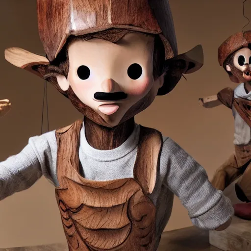 Image similar to gepetto is amazed when his wooden boy puppet pinocchio begins to come alive, talking and dancing around in his wood carving shop, 8k, photo realistic, vivid, digital art, trending on art station