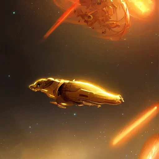 Image similar to a golden mouse flying through space, Greg rutkowski award winning illustration, digital art, sci fi concept art, 4k, trending on artstation,