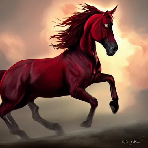 Prompt: a beautiful crimson horse, running, dramatic lighting, golden hour, in the style of dnd concept art