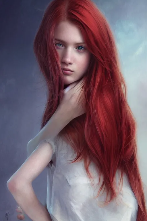 Image similar to ultra realistic style illustration of a beautiful cute red haired joyful 1 9 year old teen, full portrait, long hair, sci - fi, fantasy, intricate, elegant, digital painting, artstation, concept art, smooth, sharp focus, 8 k frostbite 3 engine, ultra detailed, art by artgerm and greg rutkowski and magali villeneuve