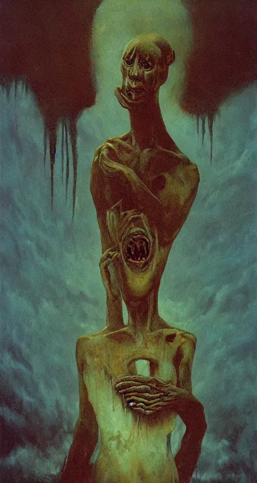Image similar to Painting in a style of Beksinski featuring a giant alien crying. Pain and suffering in the background