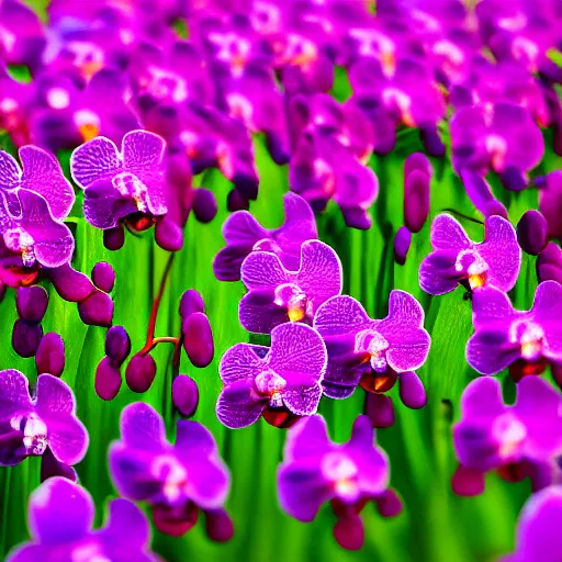 Image similar to Colorful orchid flower blossoming in field of flowers, climax, overwhelming, brilliant, cinematic, epic, 8k, sharp focus, color grain 35mm, tilt-shift, dslr, high detail