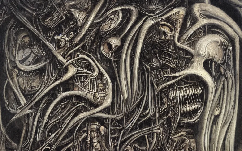 Prompt: a beautiful painting representative of the art style of h. r. giger