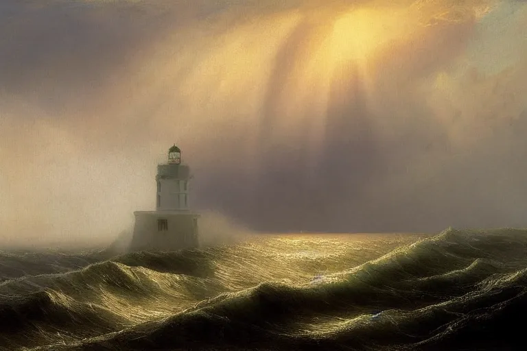 Image similar to lighthouse lit by crepuscular ray of sun, dark, stormy, cliff, crashing waves, sea, headland, carl spitzweg, david curtis, jmw turner, ivan aivazovsky, morgan weistling, seascape