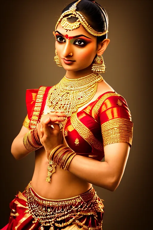 Prompt: a stunning indian classical dancer portrait photo, retouched, soft lighting, realistic, catchlight on the eyes!, smooth face, perfection!, sharp focus, 8 k, ultra detailed, elegant art by natalie shau, artgerm and grek rutkowski, 8 5 mm lens