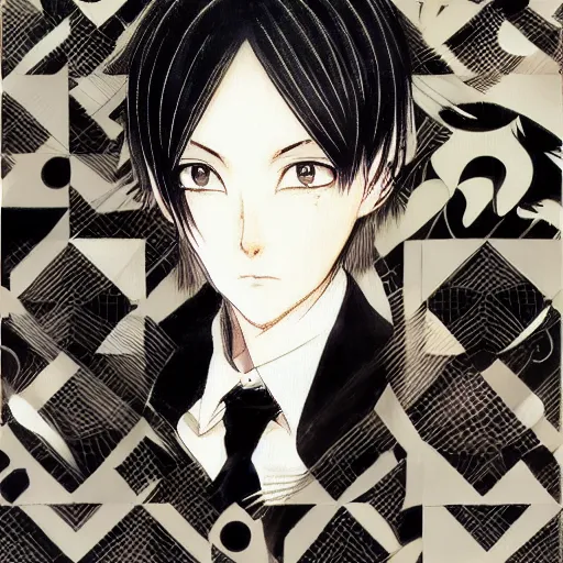 Image similar to Three quarter angle Yoshitaka Amano style portrait of an anime girl with short white hair and black eyes wearing tuxedo with patterns, abstract black and white background, film grain effect, highly detailed, oil painting, expressive brush strokes