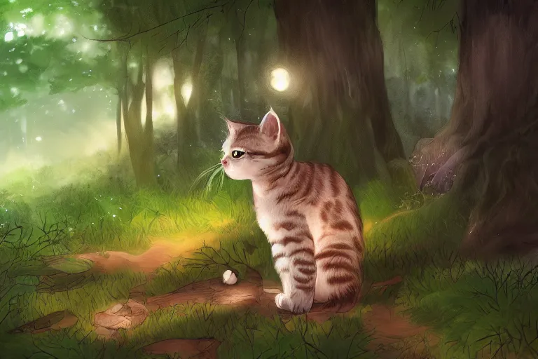 Image similar to cat in the forest, frontlighting, digital art, trending on artstation, fanart, by kawacy