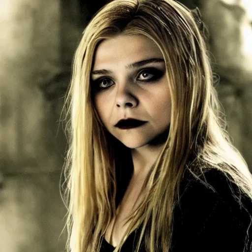 Image similar to portait of chloe grace moretz as a gothic vampire, misty atmosphere, dark, epic composition