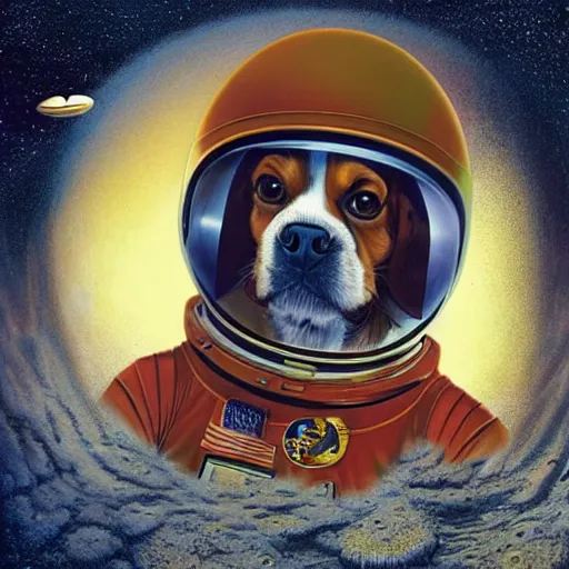 Image similar to cavalier king charles spaniel, wearing an cosmonaut helmet, russian cosmonaut, on the moon, art by artgerm and david a hardy