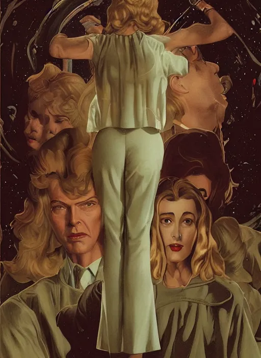 Image similar to twin peaks poster art, old retro pulp, by michael whelan, rossetti bouguereau, artgerm, nostalgic, old fashioned, david bowie floating through the cosmo outer space