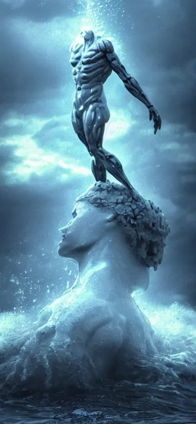 Image similar to humanoid colossus made of water, made of liquid, rising up from ocean, water armor, high detail, high contrast, close up portrait, studio lighting, stormy seas, beautiful, bokeh, snowy, storm clouds, god rays, d & d, fantasy, elegant, aquamarine color palette, concept art, roger deakins and greg rutkowski and alphonse mucha