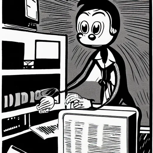 Image similar to a black and white photograph of a man destroying a computer, in the style of gary baseman, robert crumb, jim henson, photorealistic, surreal, high contrast, film photography
