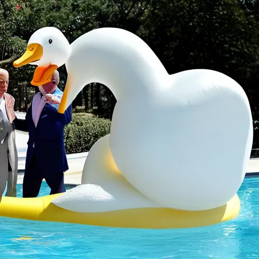 Image similar to joe biden hugging an inflatable plastic swan by the pool