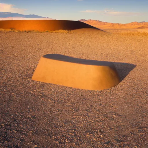 Prompt: land art sculptural complex built in the Mojave desert, beautiful dynamic lighting, cinematic, wide angle establishing shot, extremely high detail, photo realistic, cinematic lighting, post processed, concept art, artstation, matte painting, style by michael heizer, Donald Judd, Richard serra, volumetric lighting, light rays, photorealistic, ultrarealistic, moody, coronarender, 8k