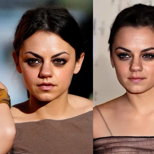 Image similar to a woman who is a genetic combination of mila kunis and emma watson face and upper - body focus