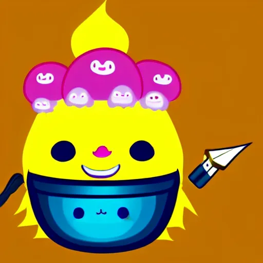 Image similar to kawaii wacky fluffy popcorn with lightning bolt power, with golden helmet, yokai, in the style of a mamashiba, with a yellow beak, with a toroidal energy field, with a smiling face and flames for hair, sitting on a lotus flower, white background, simple, clean composition, symmetrical, suitable for use as a logo