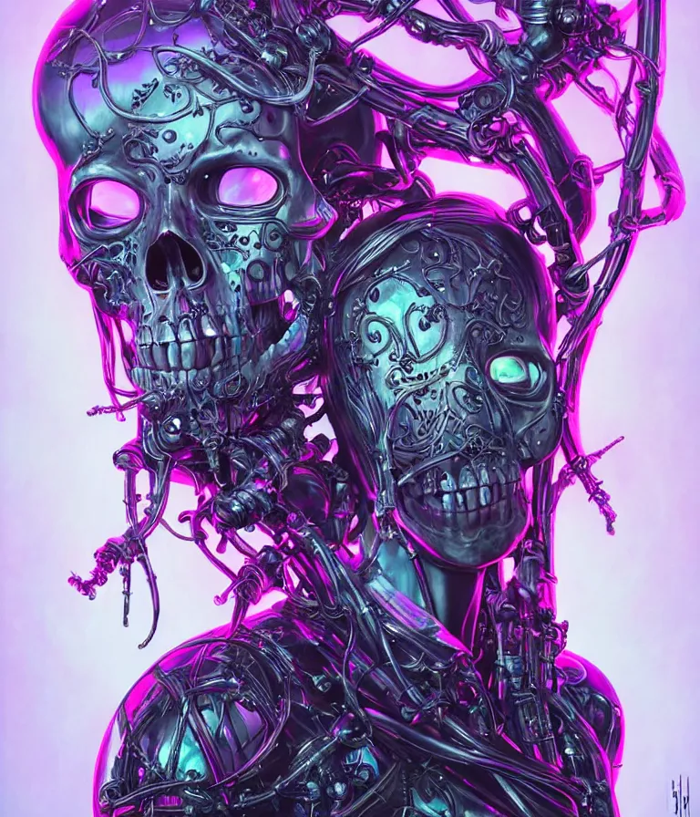 Image similar to fully symmetrical centered iridescent portrait of a beautiful princess of death in robe. skulls artificial muscles, ribcage, bones, hard surface modelling. cyberpunk look. biomechanical mask. bio luminescent biomechanical halo around head. neon jellyfish. artwork by jarold Sng by artgerm, by Eddie Mendoza, by Peter mohrbacher by tooth wu, unreal engine, octane render, cinematic light, high details, iridescent colors, dichroic, macro, depth of field, blur