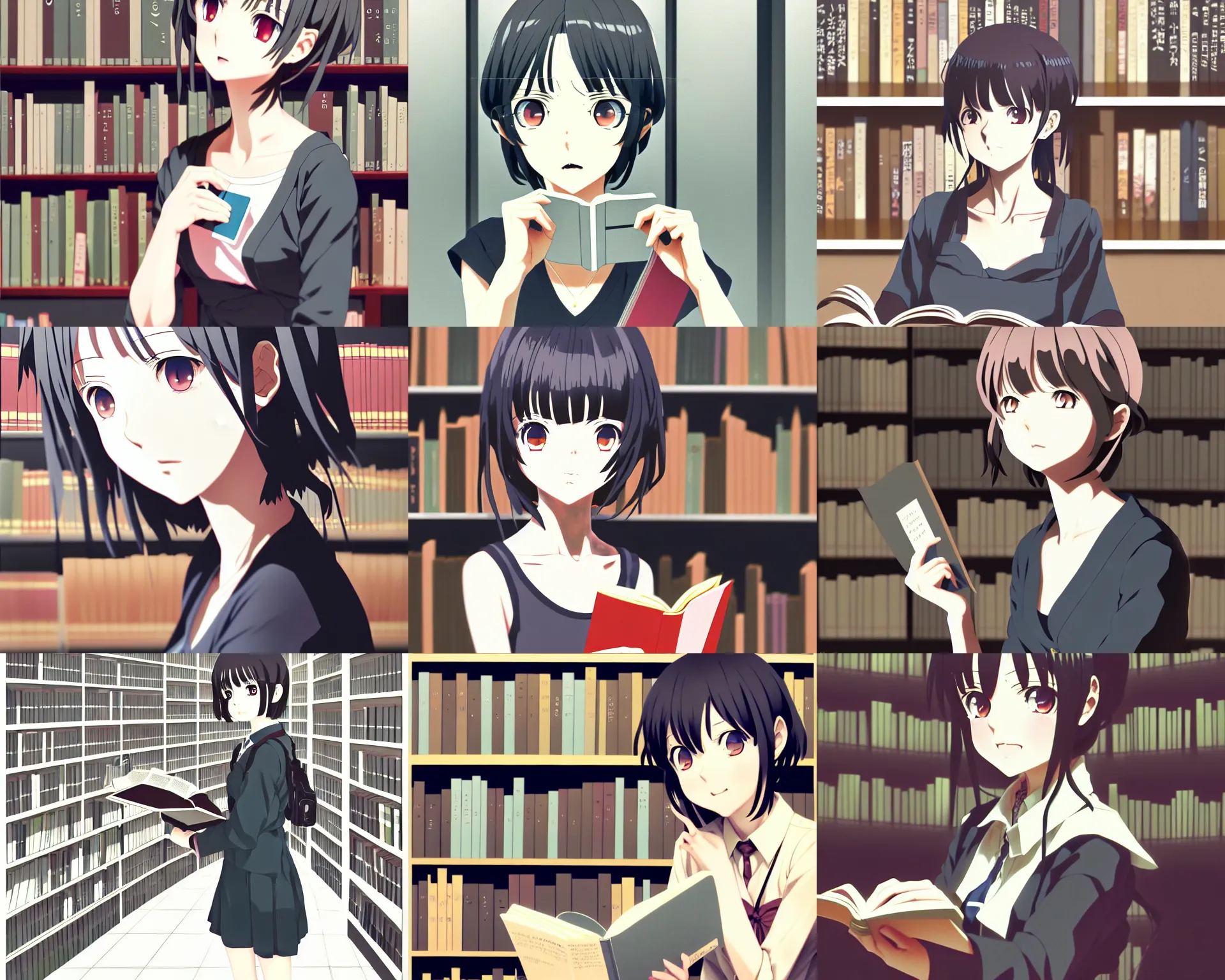 Prompt: anime visual, portrait of a young female traveler in library interior reading, cute face by ilya kuvshinov, yoh yoshinari, dynamic pose, dynamic perspective, cel shaded, flat shading mucha, rounded eyes, moody, psycho pass, kyoani, paprika, cool gray tint