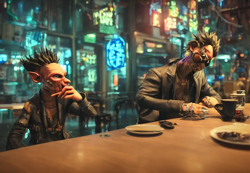 Image similar to a bored male goblin punk sitting at a table in a cafe in a cyberpunk city, close up shot, sharp focus, shallow depth of field, highly detailed face, 8k, unreal engine 5, cinematic lighting, vivid elegant fantasy concept art, character art, stern blue neon atmosphere, artstation, deep complimentary colors, volumetric lighting, photorealistic, hyperdetailed 3D matte painting, hyperrealism, hyperrealistic masterpiece