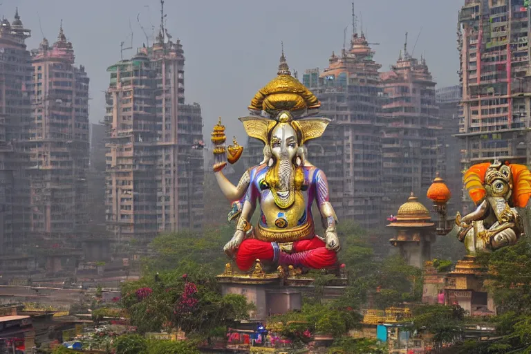 Prompt: beautiful futuristic new delhi, sharp technopunk ganesha!! building, kalighat flowers, highly detailed, stephen shore & john j. park, cinematic morning light, wide shot, ground angle, uhd 8 k, sharp focus