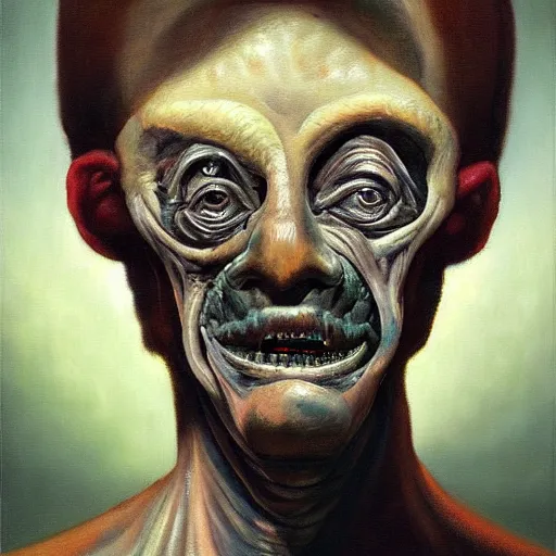 Image similar to Oil painting by Christian Rex Van Minnen of a portrait of an extremely bizarre disturbing mutated man with intense chiaroscuro lighting perfect composition