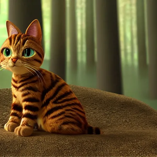 Image similar to pixar movie, brown tabby cat, 3 d, pixar _ tabby _ cat in a forest