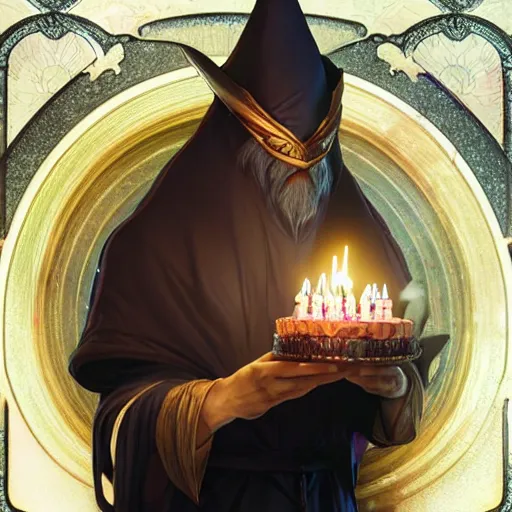 Prompt: a wizard blowing out birthday candles with magic, art by artgerm and greg rutkowski and alphonse mucha, concept art, octane render, unreal engine 5, highly detailed, high quality, 8 k, soft lighting, realistic face, path traced