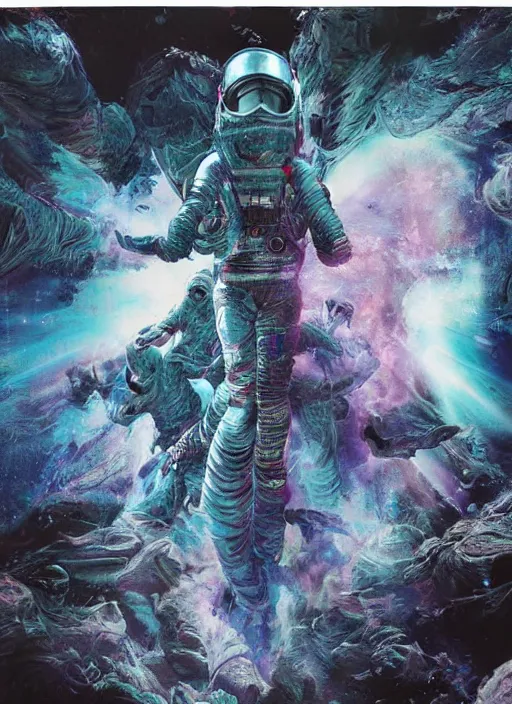 Image similar to astronauts in the dark infinite underwater void - complex and hyperdetailed technical suit, fabric material. reflection and dispersion materials. rays and dispersion of light. volumetric light. wide angle, f / 3 2. noise film photo. flash photography. ultra realistic, wide angle. poster by wayne barlowe, hajime sorayama aaron horkey, craig mullins