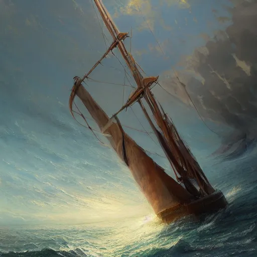 Prompt: A beautiful painting of a singular Ancient sailing ship tossed across a tumultuous sea of rage by greg rutkowski and thomas kinkade, Trending on artstation.