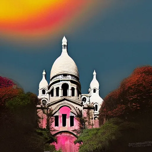 Image similar to abandoned Basilica of Sacré Coeur de Montmartre, toxic orange and pink clouds strain the sunlight, stark contrasting lighting, contrejour, a two-headed mutated deer-like creature looks on in the distance from the sparse twisted silhouetted foliage, a highly detailed colorful matte painting by Scott Listfield and Mikko Lagerstedt, featured on Artstation, Unreal Render, 8k HDR, fisheye