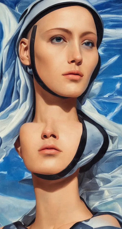 Prompt: hyperrealism oil painting, close-up portrait of nun fashion model cyborg, ocean pattern mixed with star sky, in style of classicism