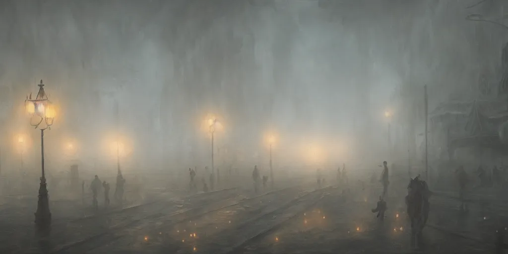 Image similar to a heavy swirling fog with a parade, soft lighting, night, stephen bliss, misty, unreal engine, digital art, 8 k, oil painting, fantasy art, illustration, detailed and intricate environment