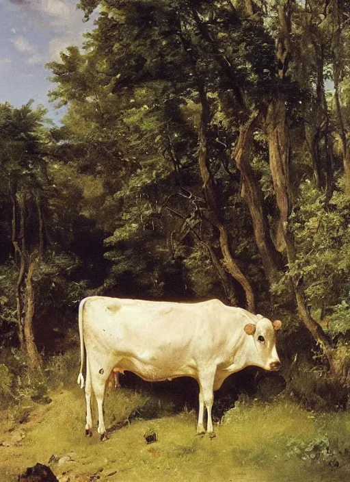 Image similar to artwork painting of a lush environment, a cow is grazing by eugene von guerard, ivan shishkin, john singer sargent