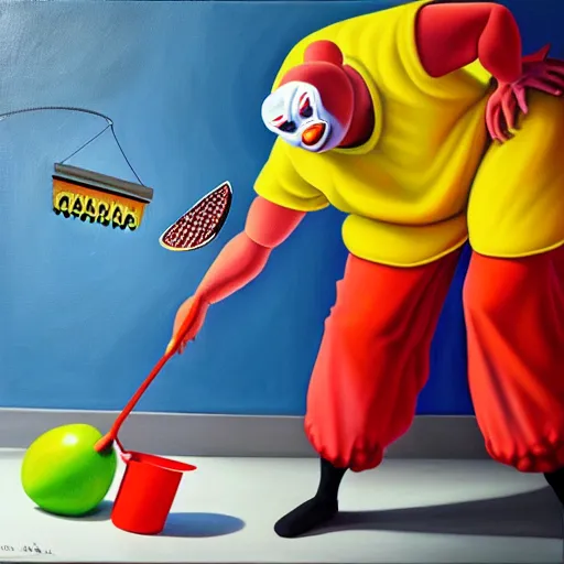 Image similar to hyperrealism painting from the housefly perspective getting swatted at from an angry and sick clown man with a fly swatter in the kitchen