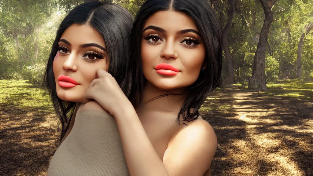 Prompt: photography of kylie Jenner, adorable eyes, cute smile, bright sunny time, serene forest setting, medium shot, mid-shot, highly detailed, trending on Artstation, Unreal Engine 4k