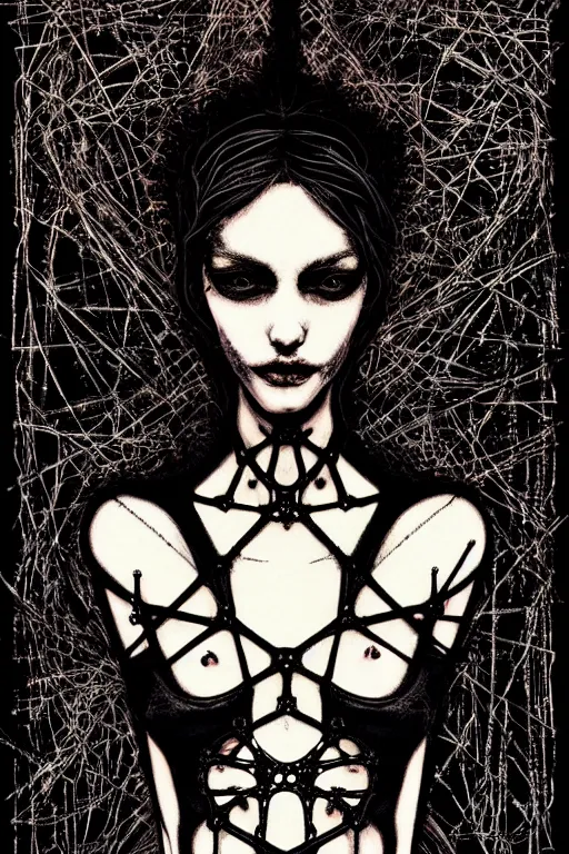 Prompt: dreamy gothic girl, black leather slim clothes, needles, beautiful body, detailed acrylic, grunge, intricate complexity, by dan mumford and by alberto giacometti, peter lindbergh