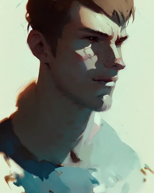 Image similar to portrait of beautiful male jon berntral by atey ghailan, by greg rutkowski, by greg tocchini, by james gilleard, by joe fenton, by kaethe butcher, dynamic lighting, gradient light blue, brown, blonde cream and white color scheme, grunge aesthetic