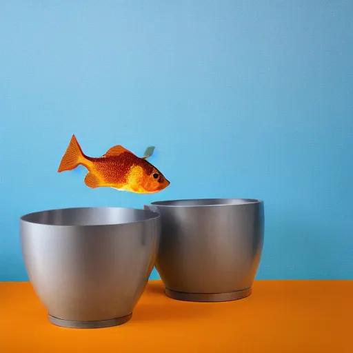 Image similar to there are two round water bowls on a blue table with a blue background. a gold fish is jumping from one bowl to the other one