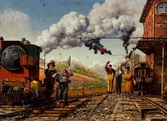 Prompt: detailed painting of oblivious to the danger, workers sitting on the railroad tracks drink wine and have fun against the backdrop of a steam locomotive approaching right at them by ivan aivazovski