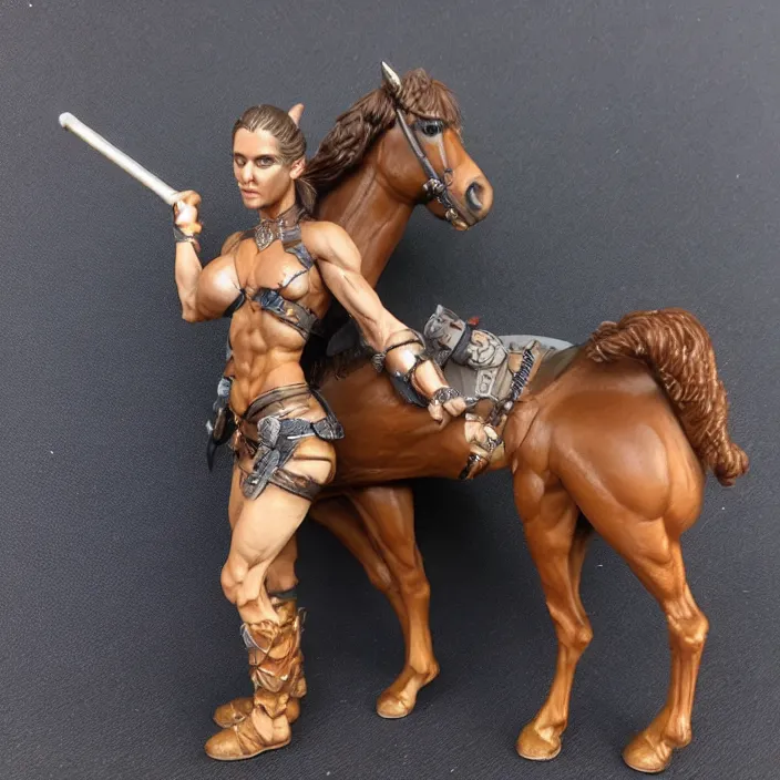 Image similar to 80mm resin detailed miniature of a Muscular Woman warrior standing next to a Horse, beautiful bone structure, symmetrical facial features, Product Introduction Photos, 4K, Full body, simple background