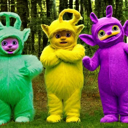 Image similar to photo of feral cryptid sasquatch teletubbies