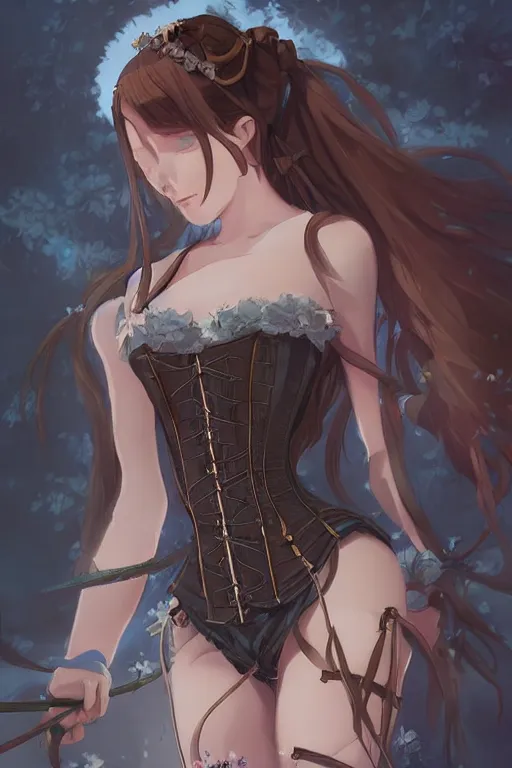 Prompt: medieval anime girl with braids wearing a corset, anime style, fantasy art, gorgeous face, by makoto shinkai, by wenjun lin, digital drawing