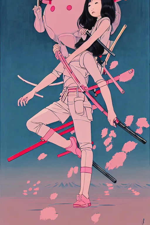 Image similar to Artwork by James Jean, Phil noto and hiyao Miyazaki ; (1) a young Japanese future samurai police lady named Yoshimi battles an (1) enormous evil natured carnivorous pink robot on the streets of Tokyo; Japanese shops and neon signage; crowds of people running; Art work by hiyao Miyazaki, Phil noto and James Jean