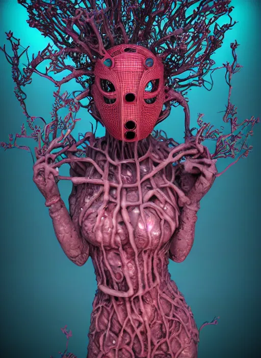 Image similar to hyper detailed 3d render like a sculpture - profile subsurface scattering (a beautiful fae princess gas mask protective playful expressive from that looks like a borg queen scene kid wearing a sundress made of flowers) seen red carpet photoshoot in UVIVF posing in caustic light pattern pool of water to Eat bite of the Strangling network of yellowcake aerochrome and milky Fruit and His delicate Hands hold of gossamer polyp blossoms bring iridescent fungal flowers whose spores black the foolish stars by Jacek Yerka, Ilya Kuvshinov, Mariusz Lewandowski, Houdini algorithmic generative render, golen ratio, Abstract brush strokes, Masterpiece, Victor Nizovtsev and James Gilleard, Zdzislaw Beksinski, Tom Whalen, Mark Ryden, Wolfgang Lettl, hints of Yayoi Kasuma and Dr. Seuss, Grant Wood, octane render, 8k, maxwell render, siggraph