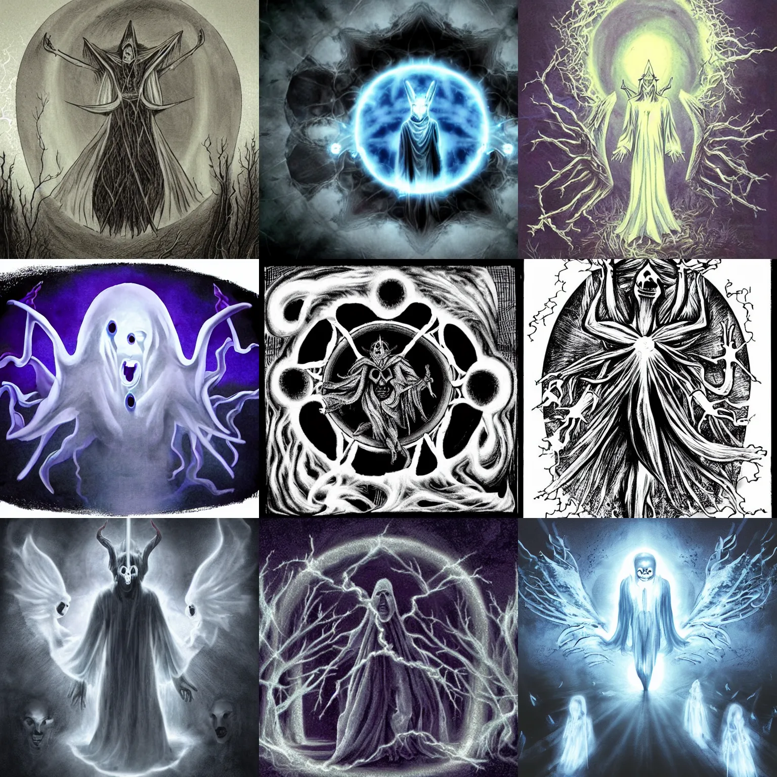 Prompt: ghost is portal to other universe, demonic, dendritic, satanistic sky, spirits coming out of portal, ghosts