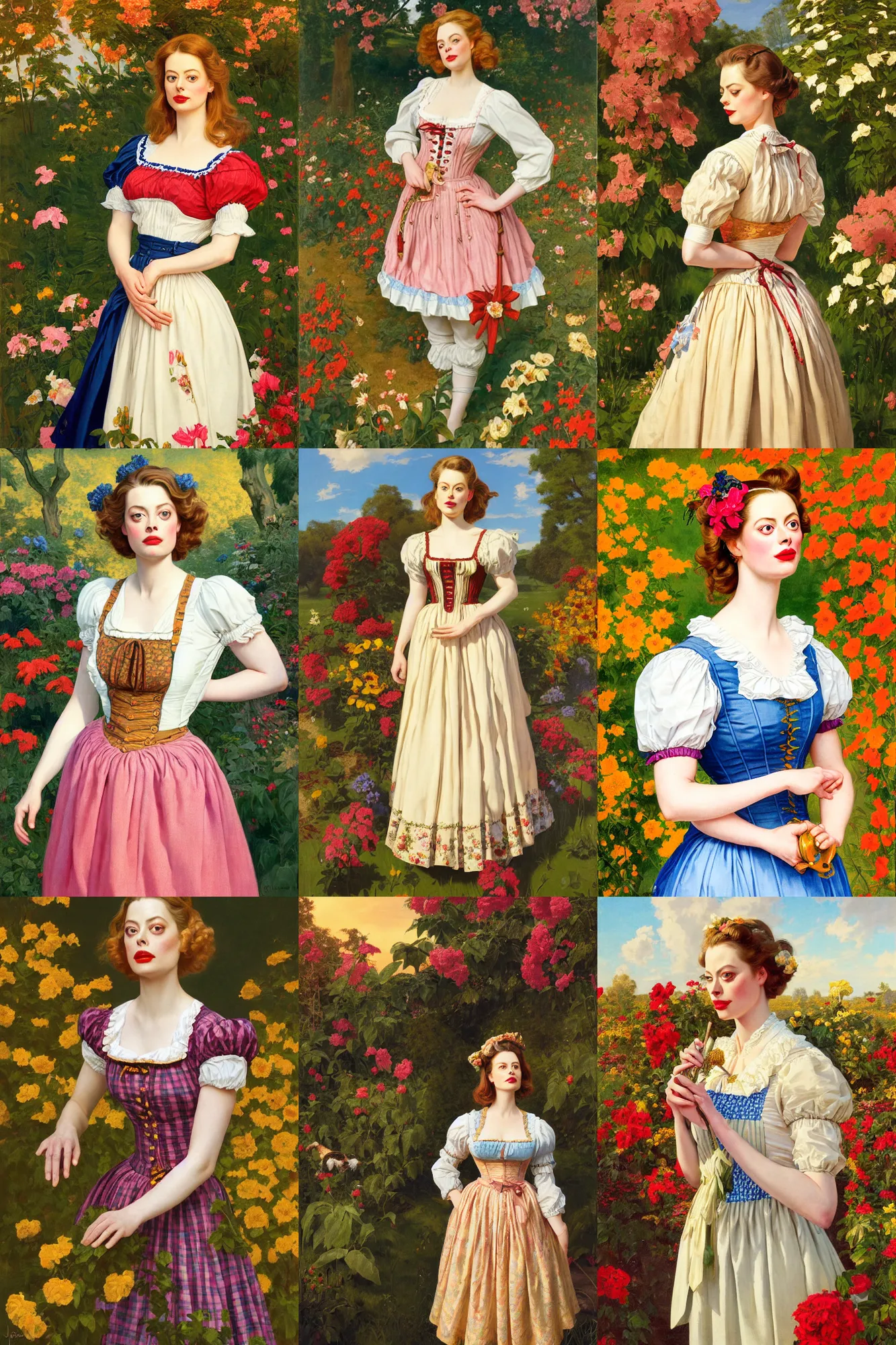 Prompt: gillian jacobs staring ahead, wearing a tight folklore dirndl in a flower garden, golden hour, artstation, by j. c. leyendecker and peter paul rubens,
